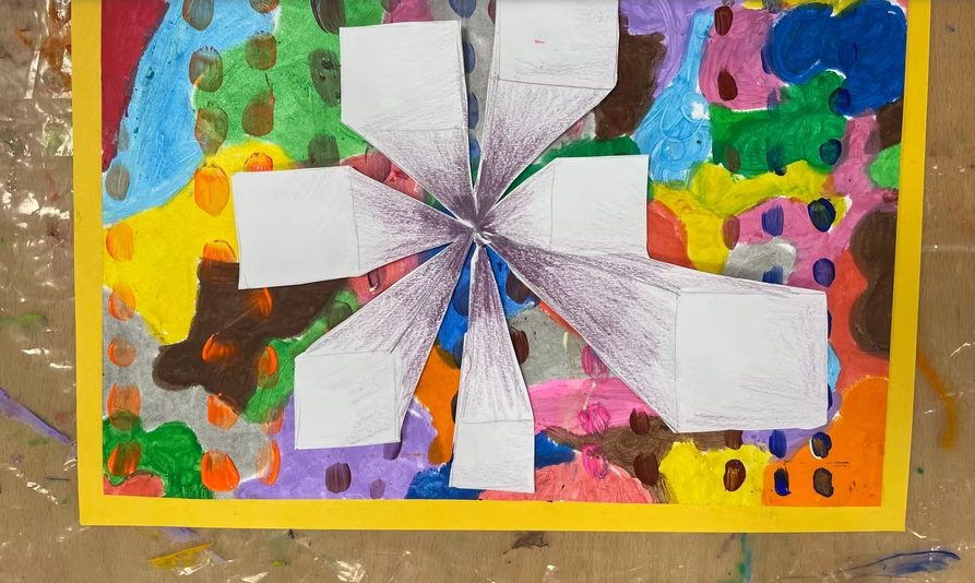 Colourful abstract painting with paper folds