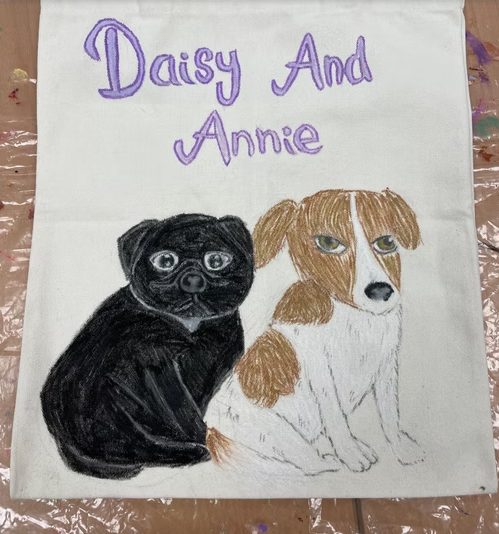 Tote bag drawing of two dogs, Daisy and Annie
